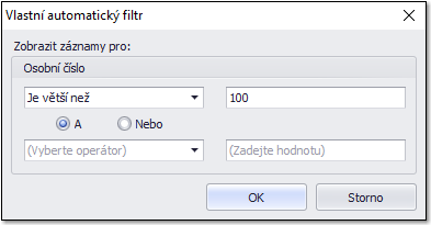 Okno pro nastavení vlastního filtru