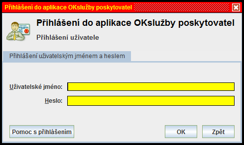 Okno pro přihlášení do aplikace OK-Poskytovatel