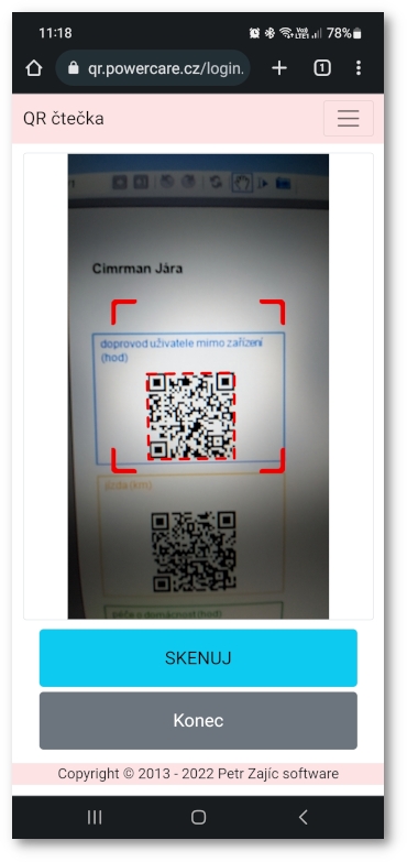 Obrazovka pro vybrání QR kódu.