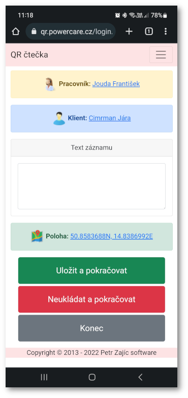 Obrazovka se záznamem textu.