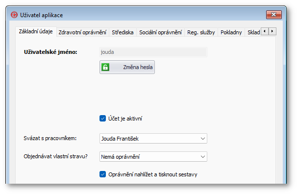 Okno uživatele s korektně svázaným pracovníkem.